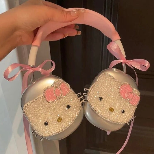 Sequin Kawaii Kitty Face Pink Bow Headphone Covers